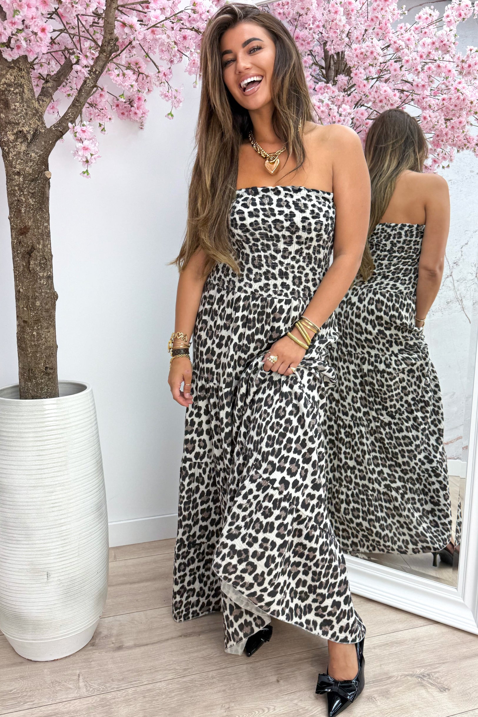 Robe maxi de coton Léopard Strappless - beige