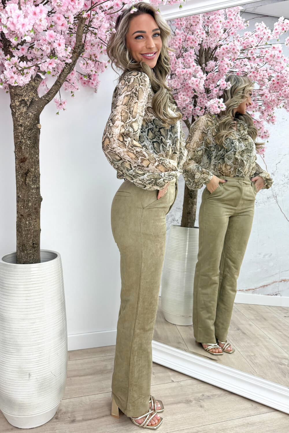 Snake lurex ruffle topje - Beige