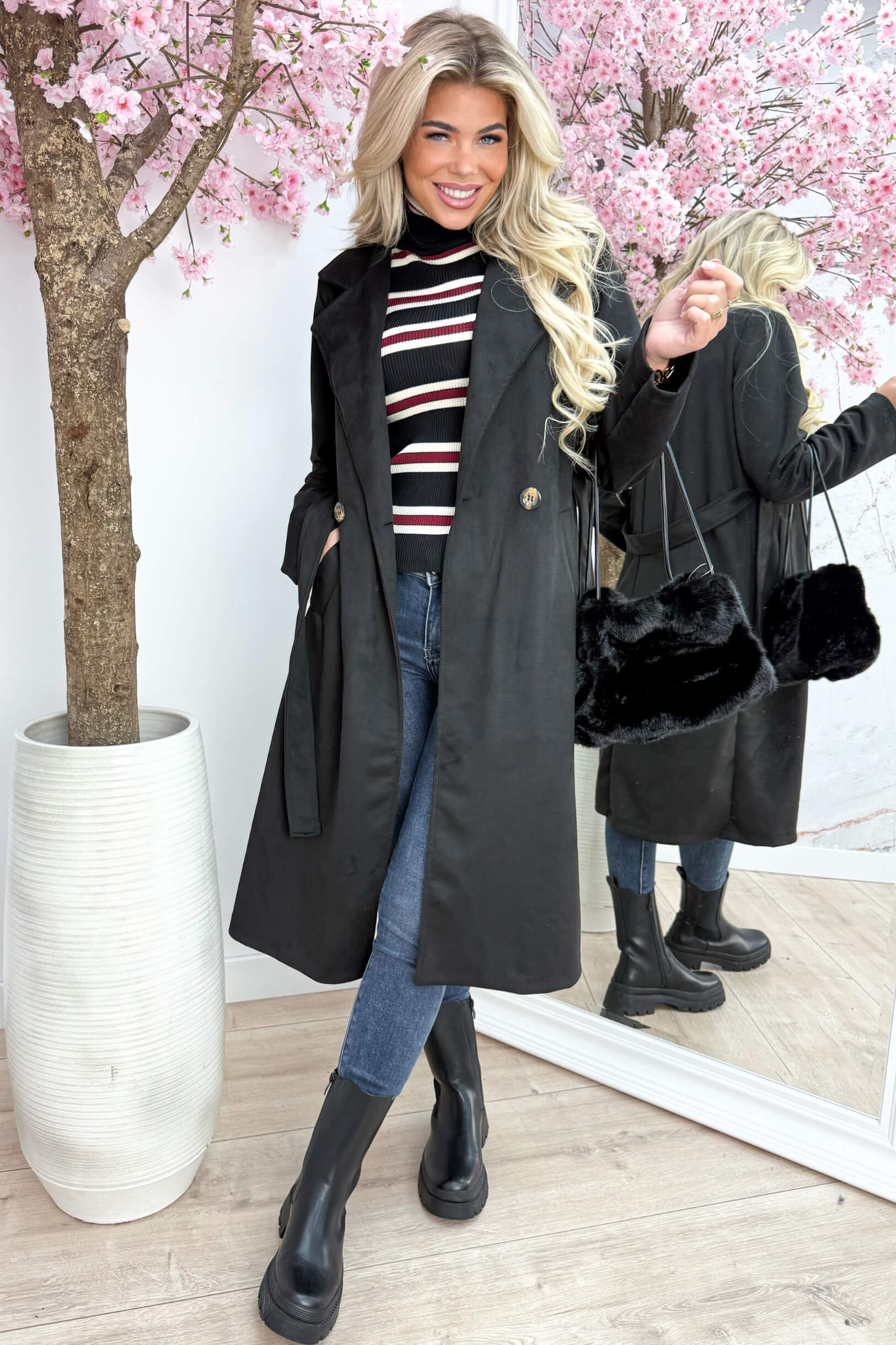 Long suede trenchcoat - Zwart