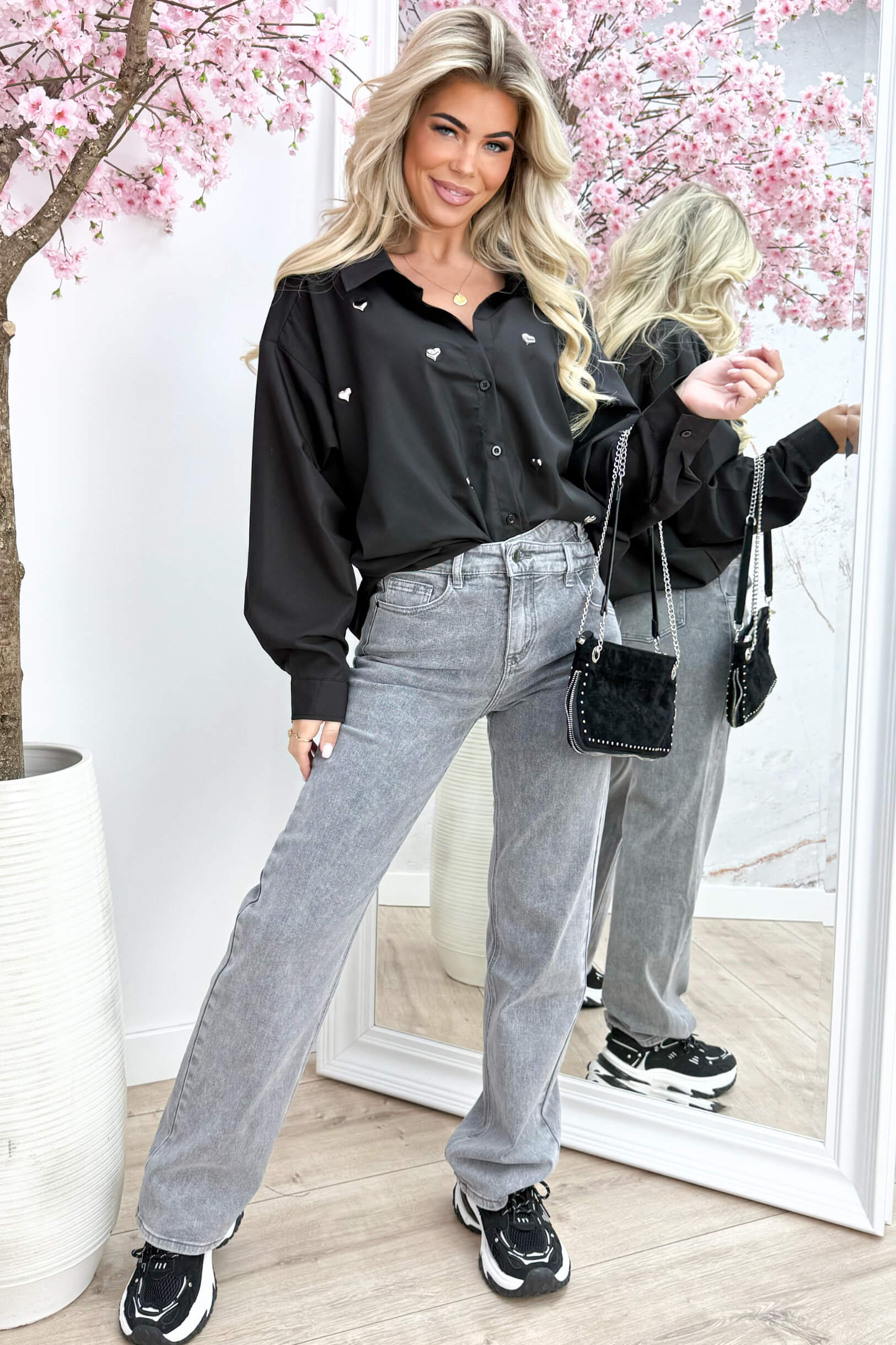 Oversized hearts blouse - Zwart
