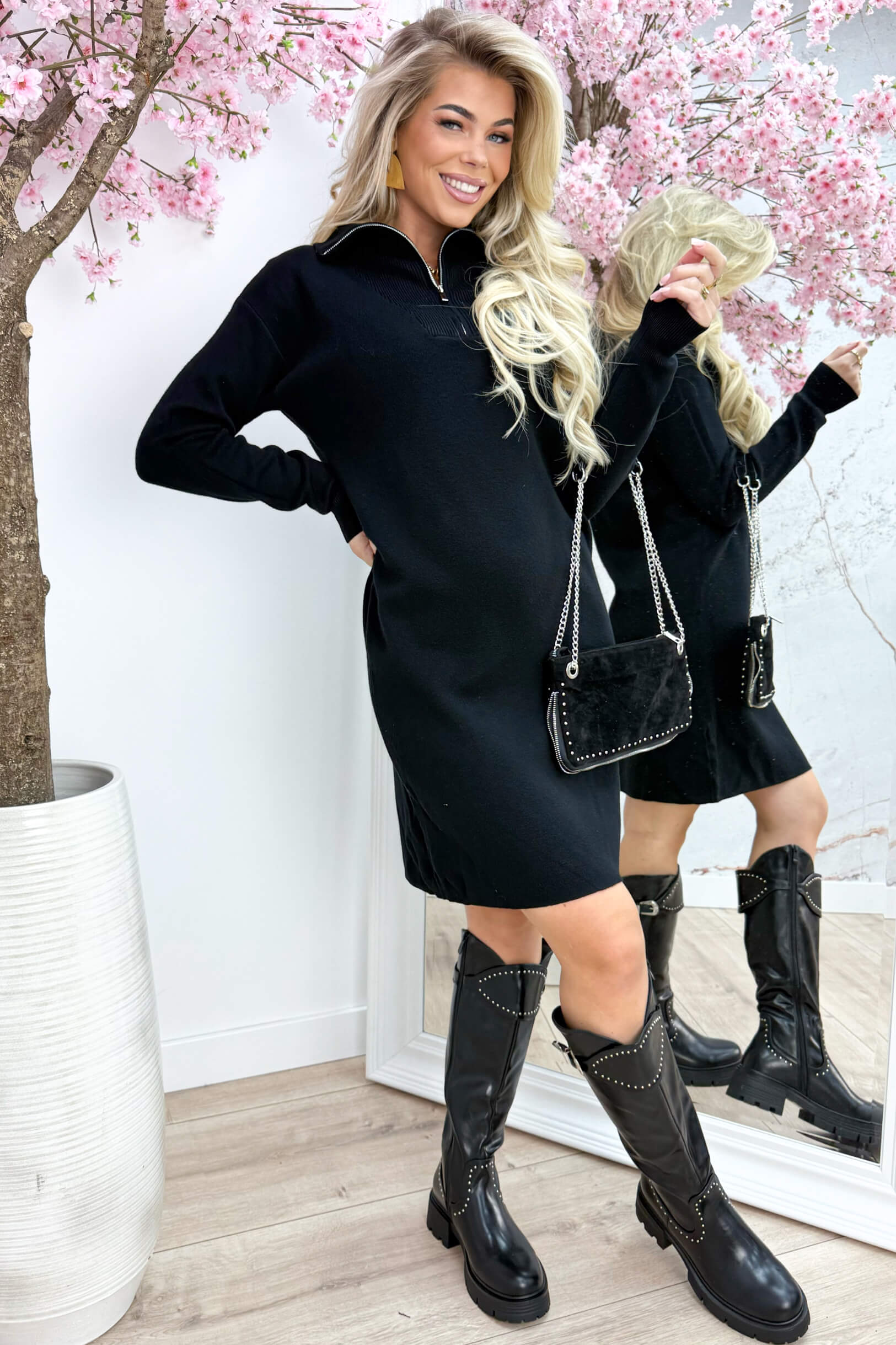 Soft zipper dress - Zwart
