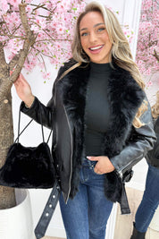 Furry leather look jacket - Zwart