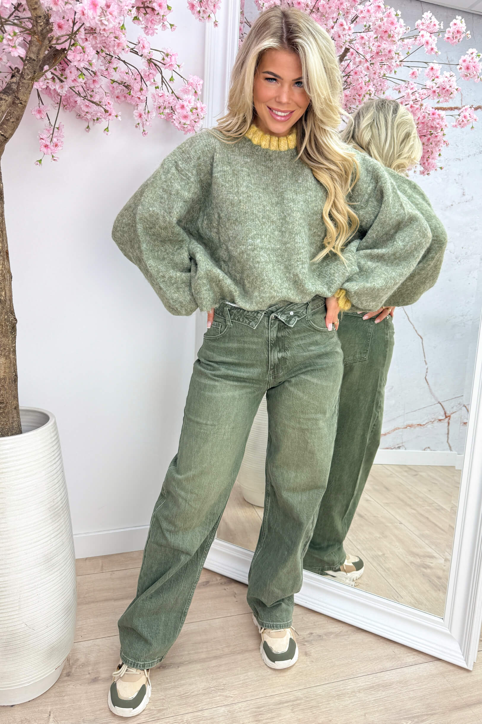 Duo ruffly knitted trui - Army