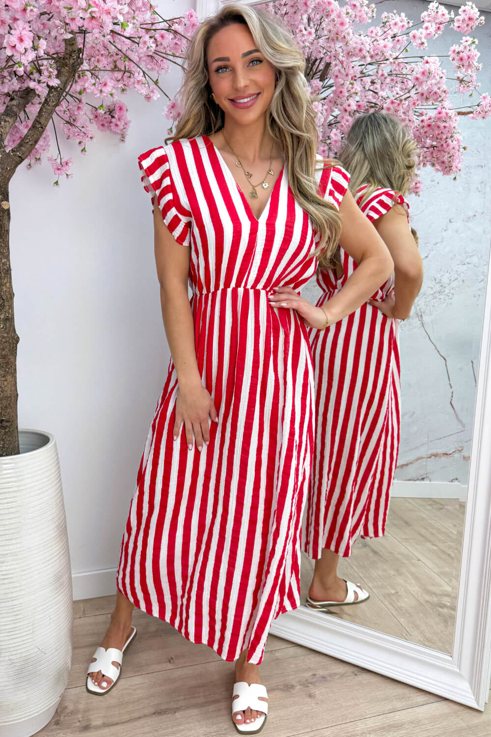 Striped cotton ruffle dress - Wit