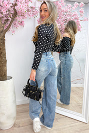 Polkadot essential off shoulder topje - Zwart