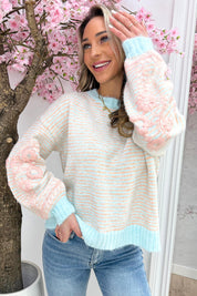 Bloomy embroidery stripe trui - Koraal