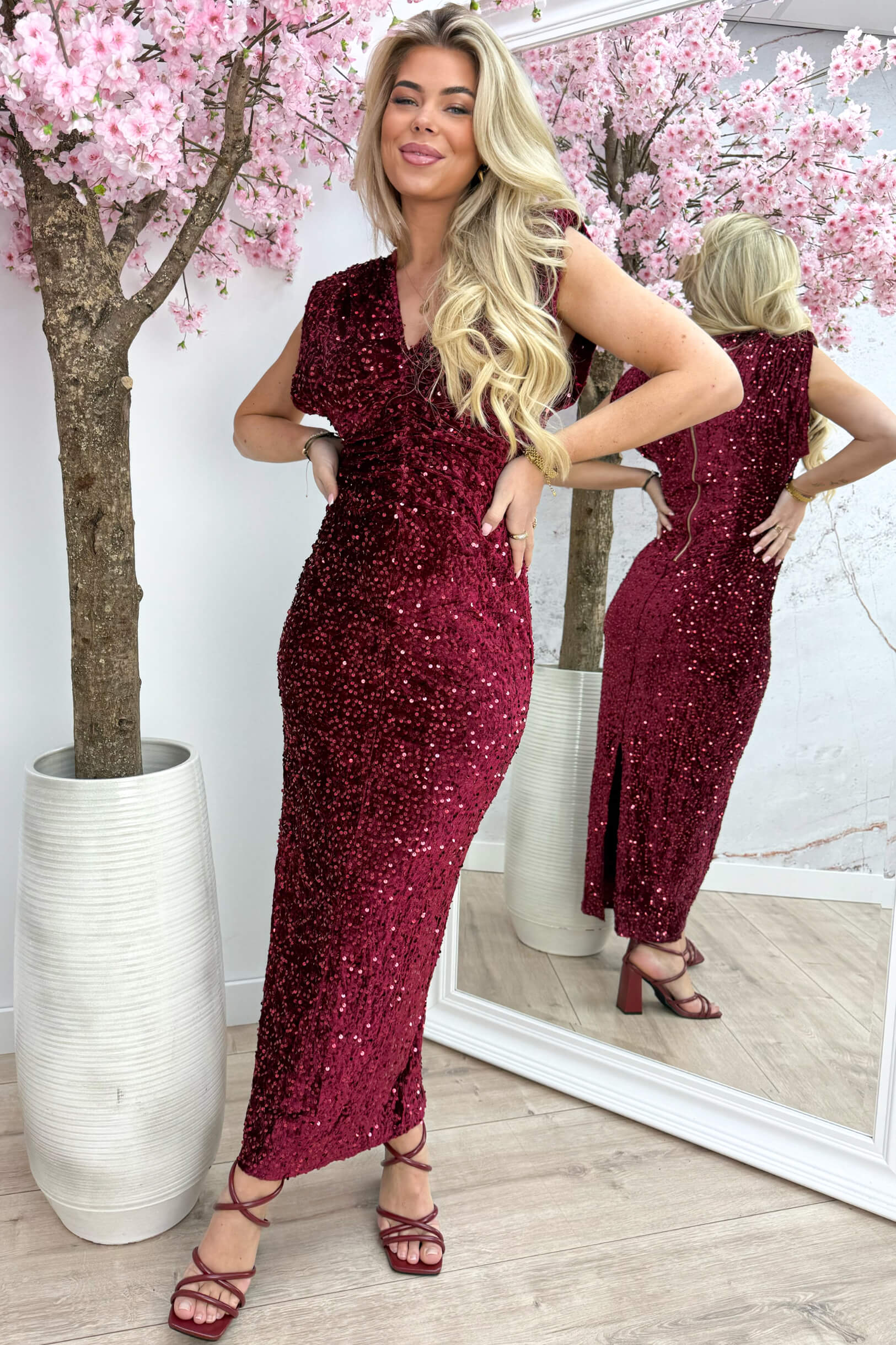 Statement velvet paillet dress - Bordeaux