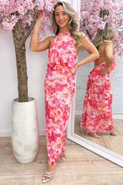 Elegant flower halter dress - Rosé