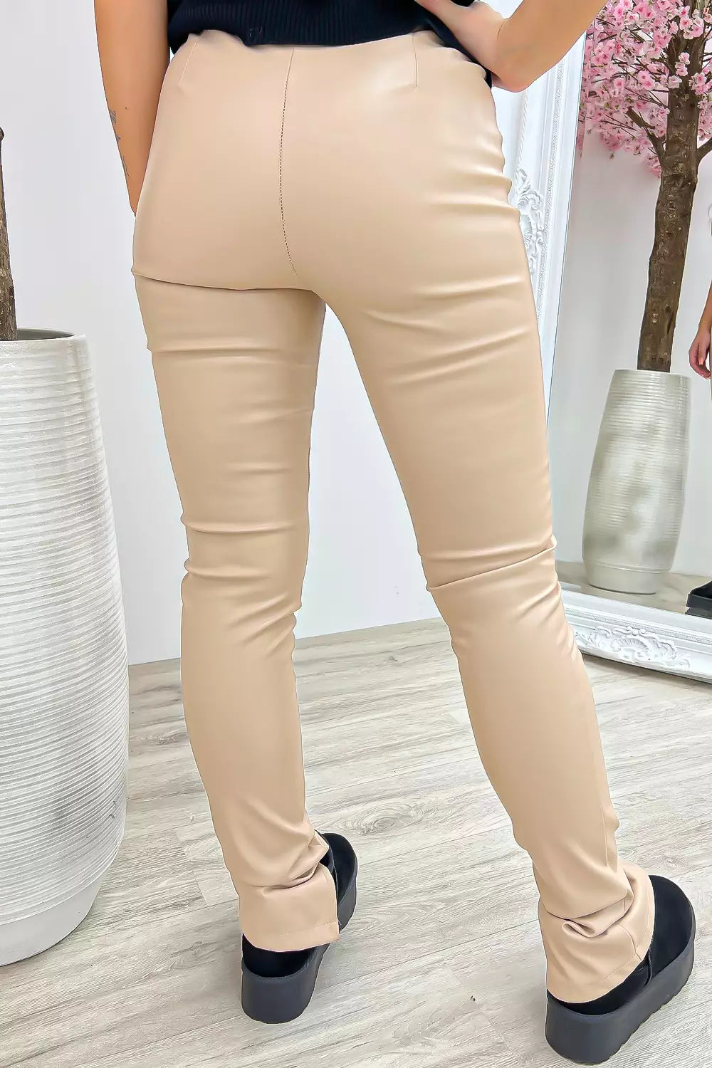 Leather Look Split Pants - Beige