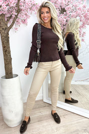 Ribbed open back lace topje - Bruin