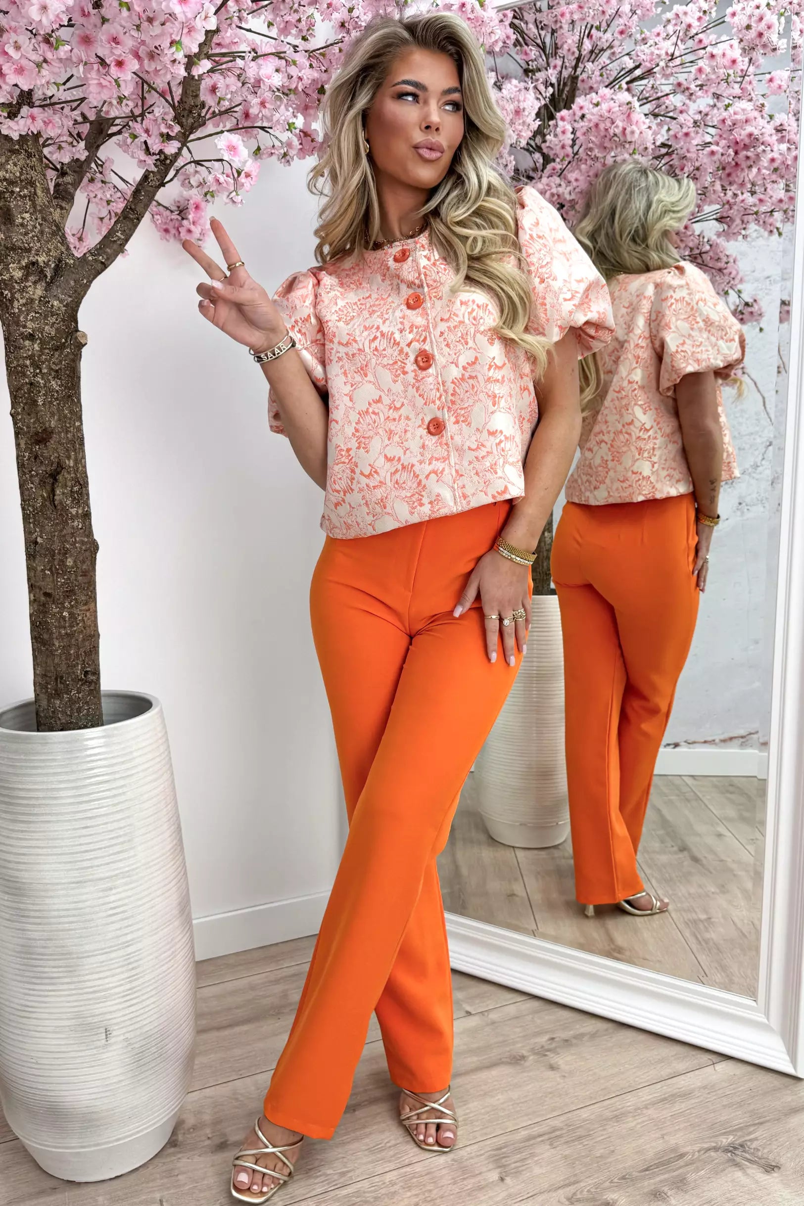 Romantic poffie button topje - Oranje