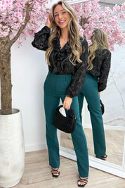 Furry flowers ruffle topje - Zwart