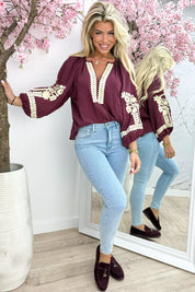 Special embroidery cotton blouse - Bordeaux