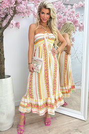 Cotton aztec strapless dress - Fuchsia