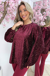 Velvet paillet bow topje - Bordeaux