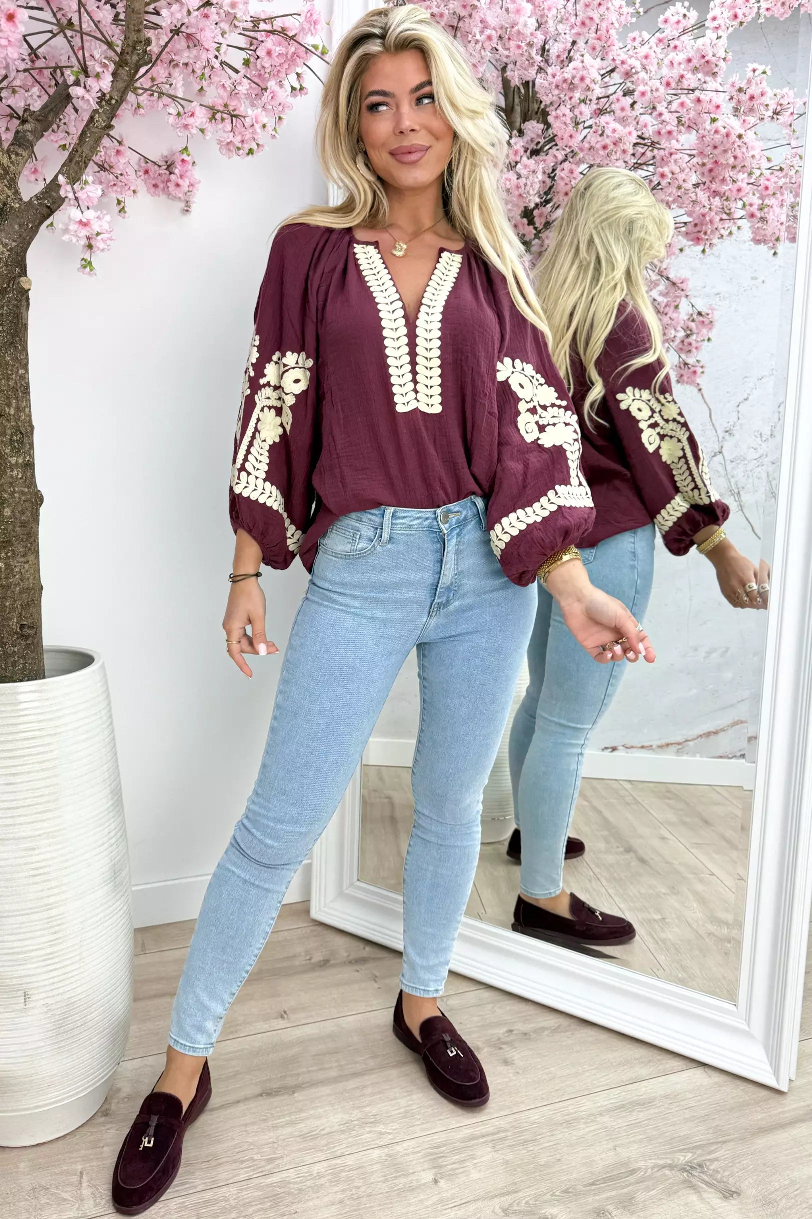 Special embroidery cotton blouse - Bordeaux