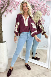 Special embroidery cotton blouse - Bordeaux