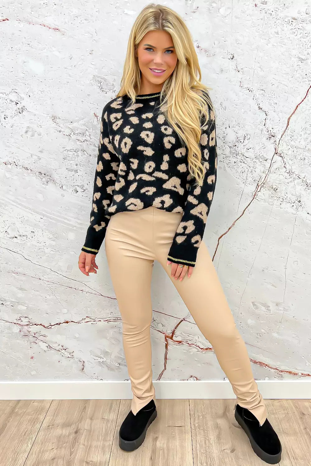 Leather Look Split Pants - Beige