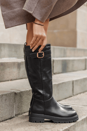 Leather look buckle boots - Zwart