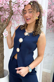 Seashell button topje - Navy