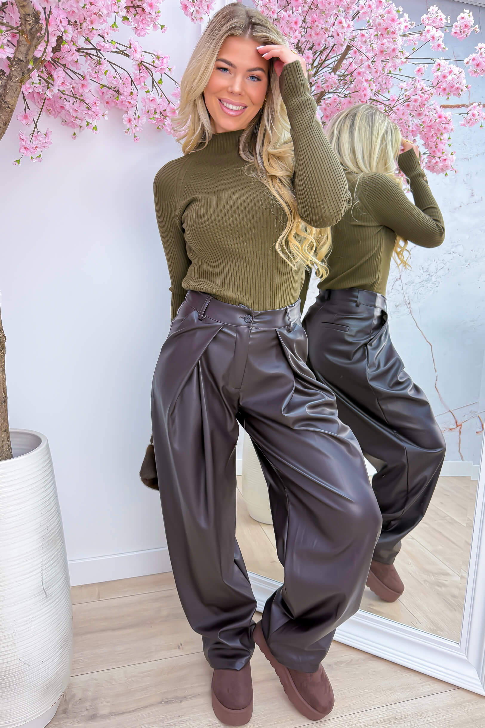 Golden buttons only ribbed topje - Army