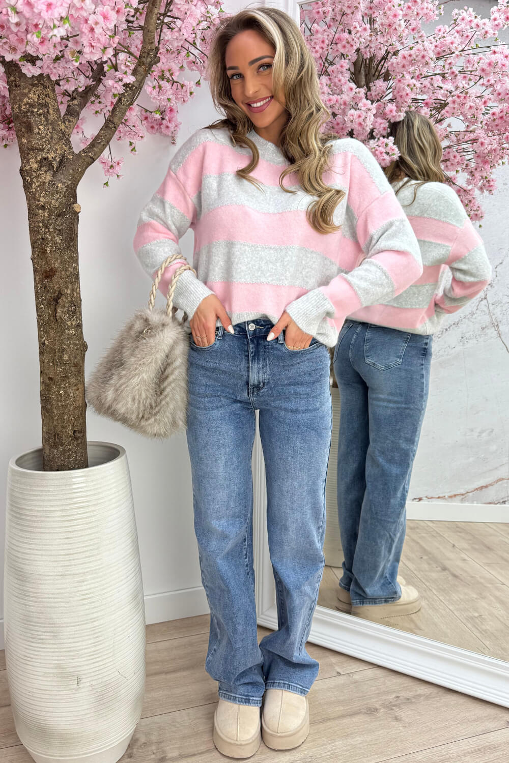 Lurex stripe trui - Lt. grijs