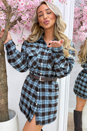 The next checkered dress (Incl. riem) - Sky blue