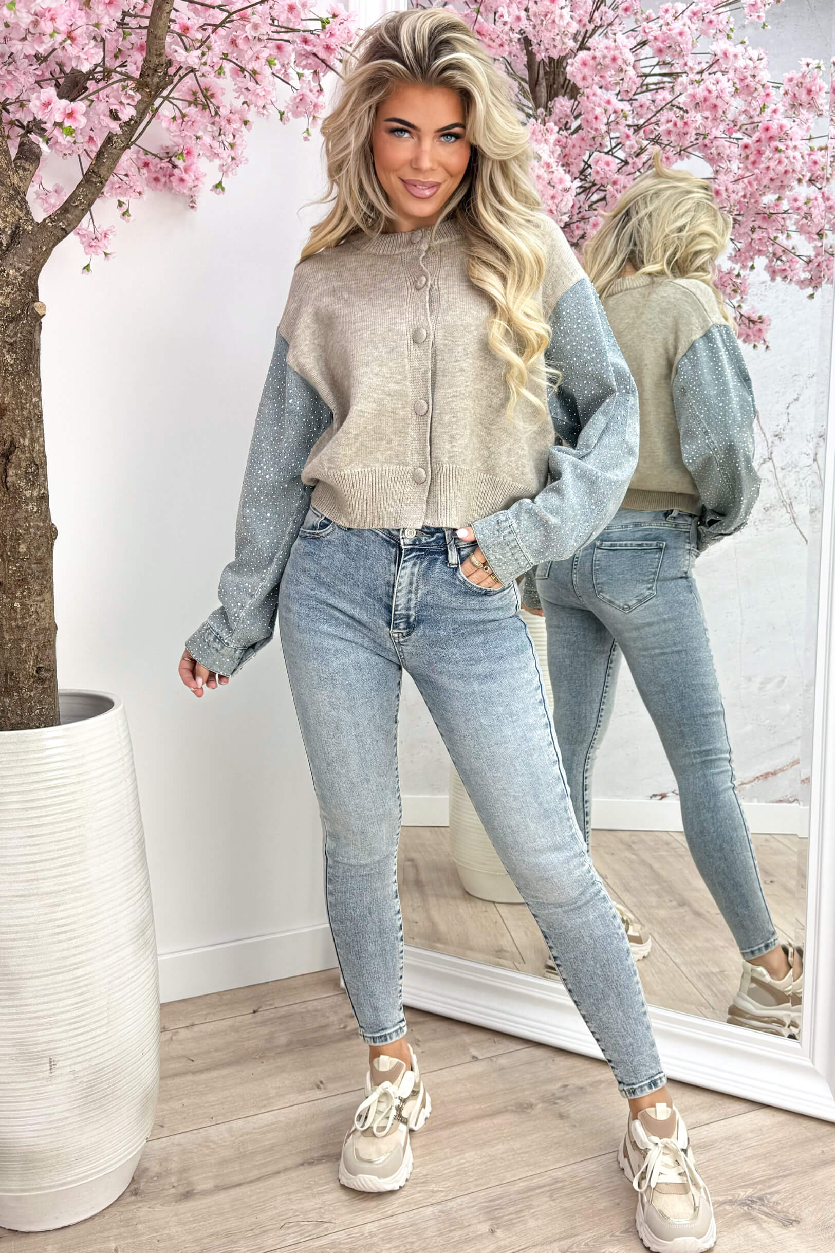 Diamond sleeve ribbed trui - Taupe