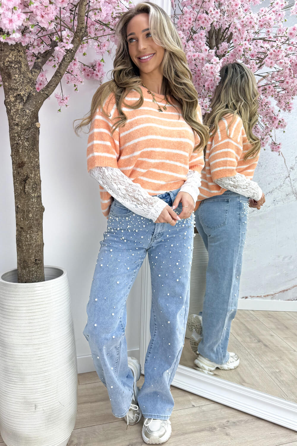 Lace stripe trui - Oranje