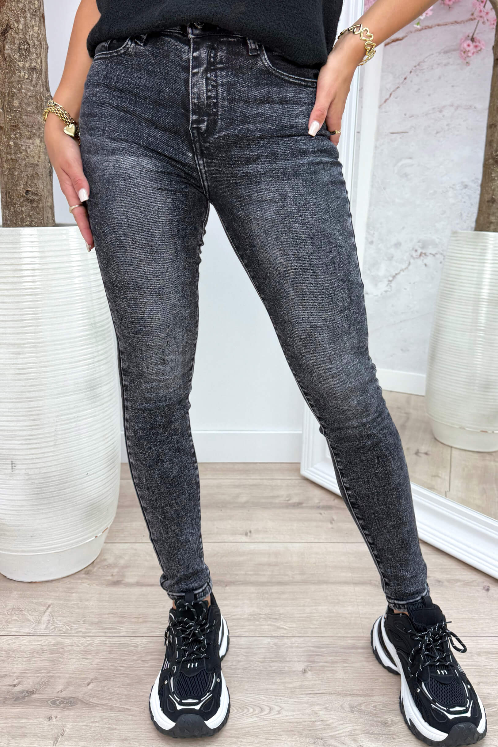 High waist washed jeans HM5348-3 - Zwart