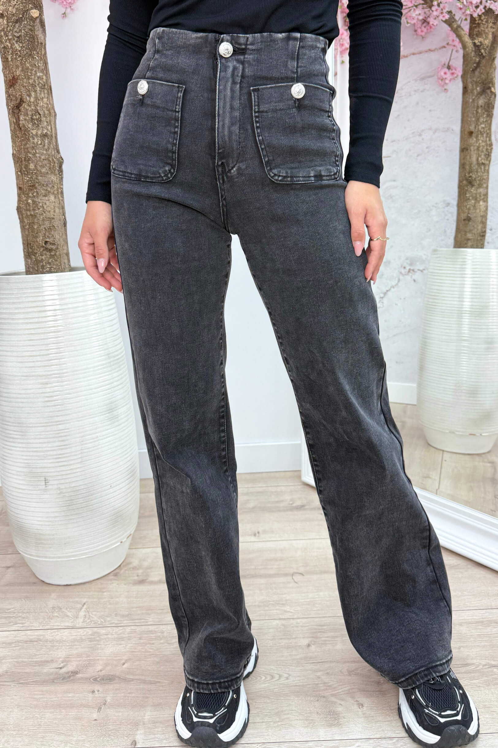 Wide leg full length jeans T6407-2 - Zwart