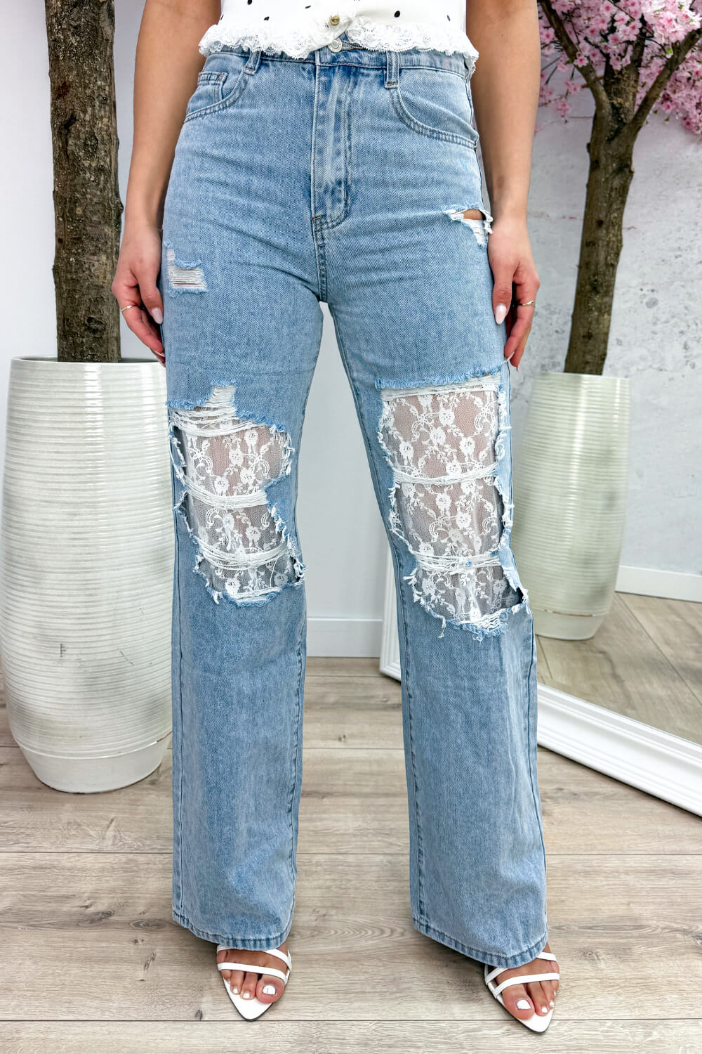 Damaged lace wide leg jeans - Jeans blue
