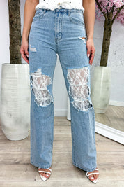 Damaged lace wide leg jeans - Jeans blue