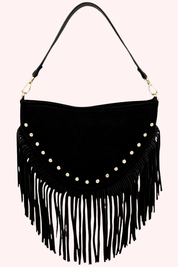 Suede studded fringe bag (echt leer) - Zwart