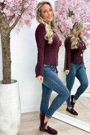Ribbed gold button topje - Bordeaux