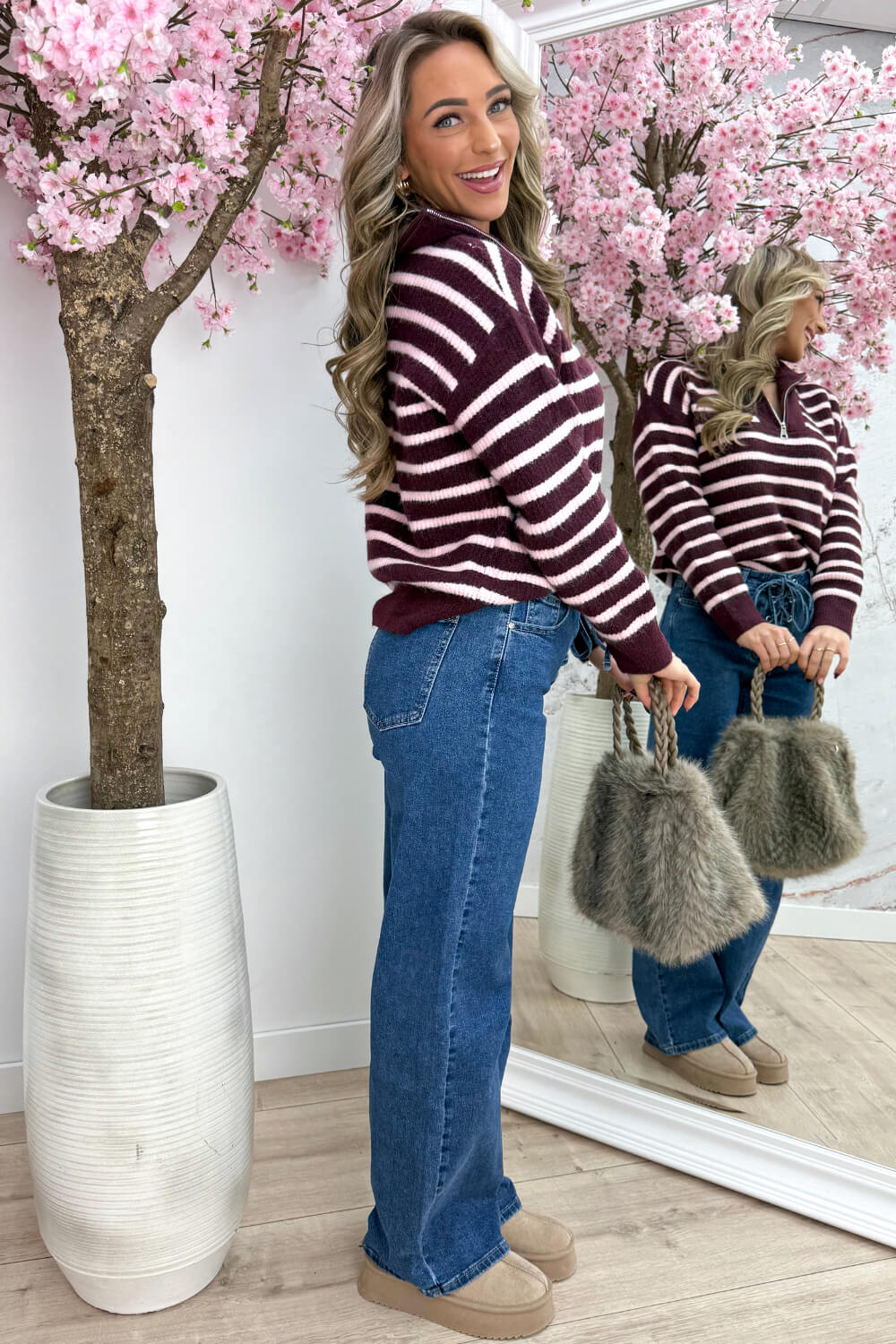 Striped zipper trui - Roze