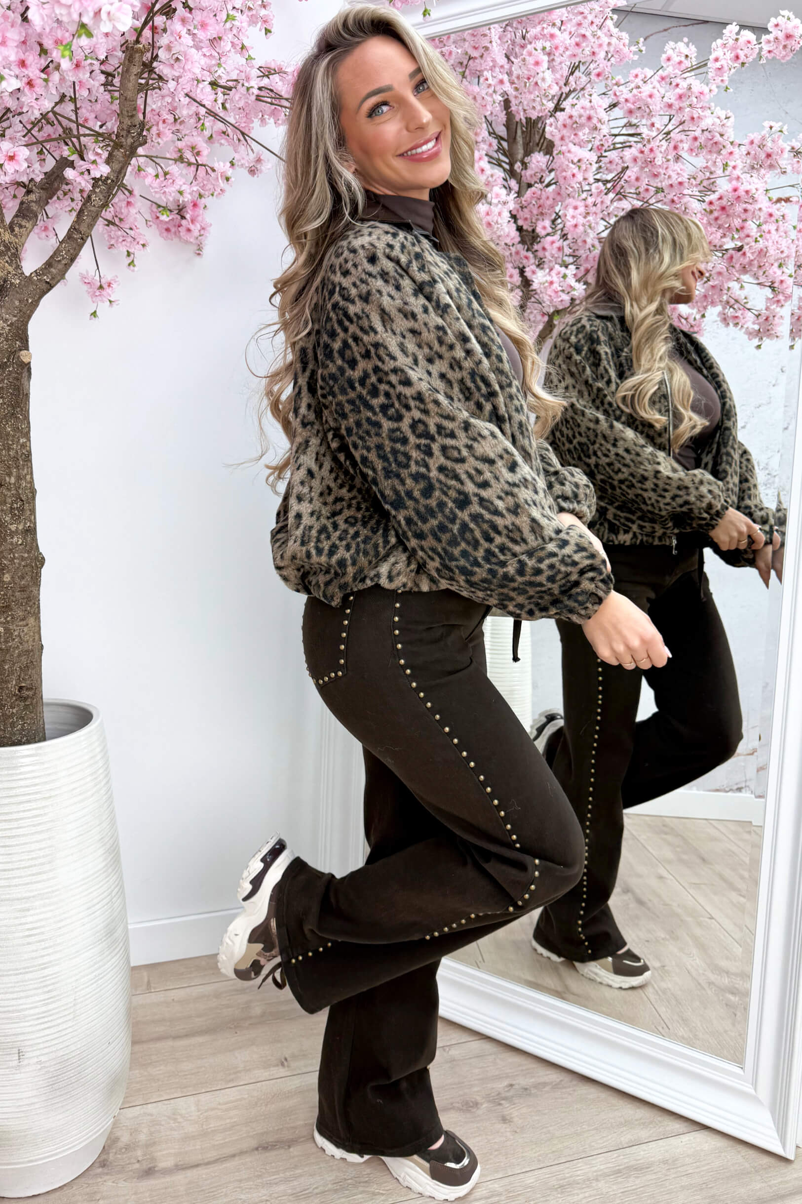 Leopard leather details bomber - Bruin