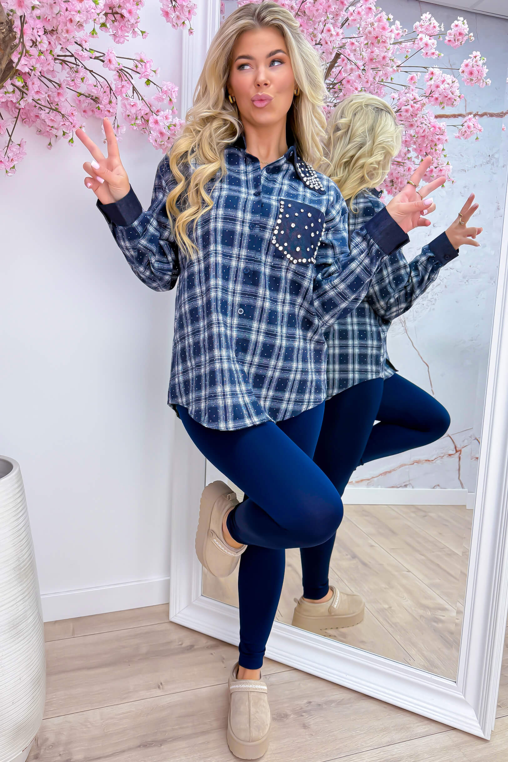 A little check a lot of sparkle blouse - Navy