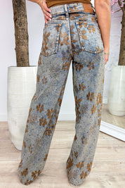 Suede flowers fold over wide leg jeans (Queen Hearts) - Jeans blue