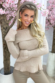 Ribbed strapless ruffle topje - Dk. beige