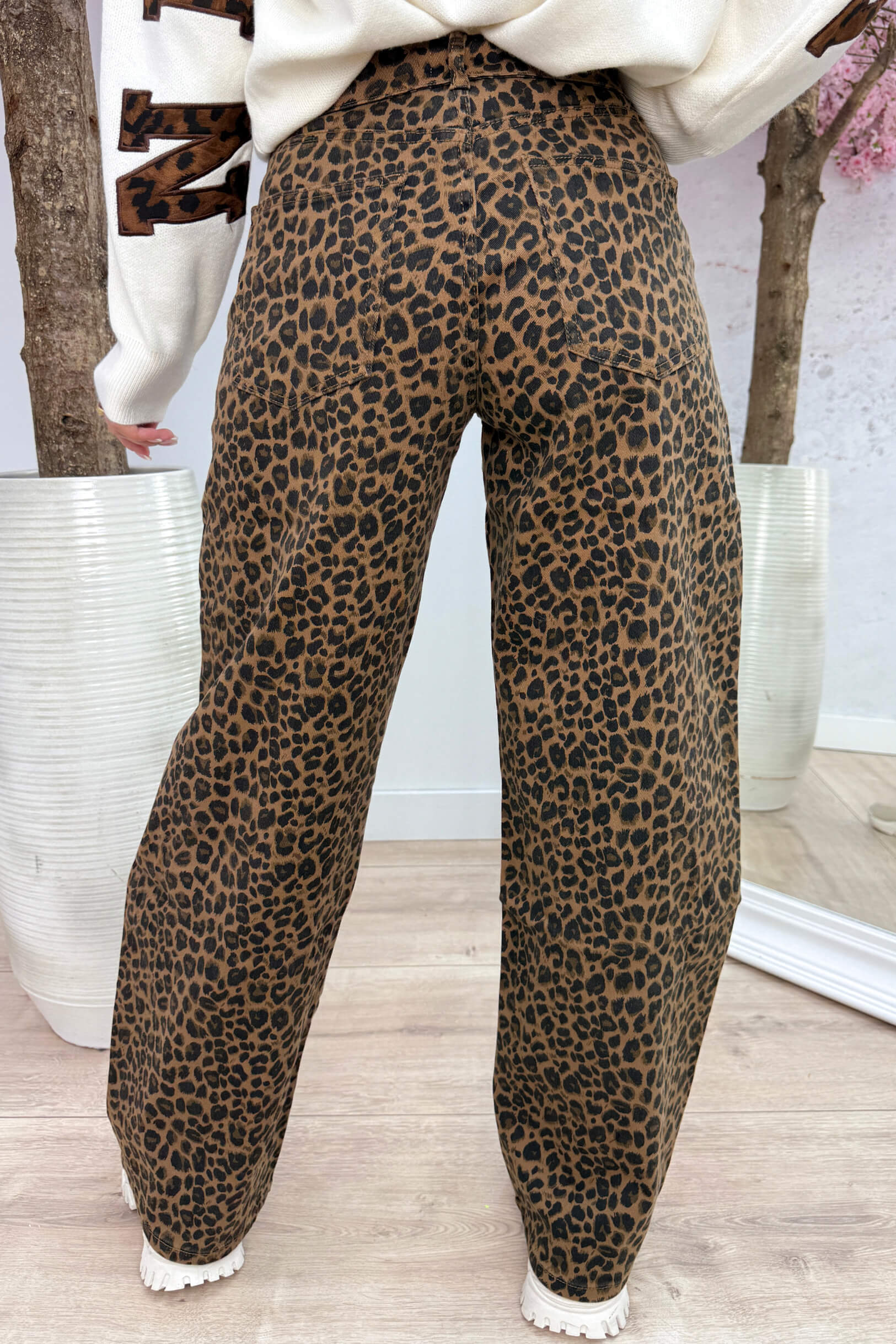 Leopard fold over straight leg jeans - Camel