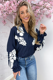 Colorful petal embroidery blouse - Navy