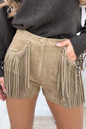 Suede look fringe short - Camel