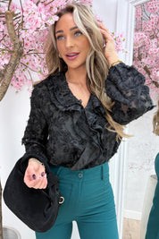 Furry flowers ruffle topje - Zwart