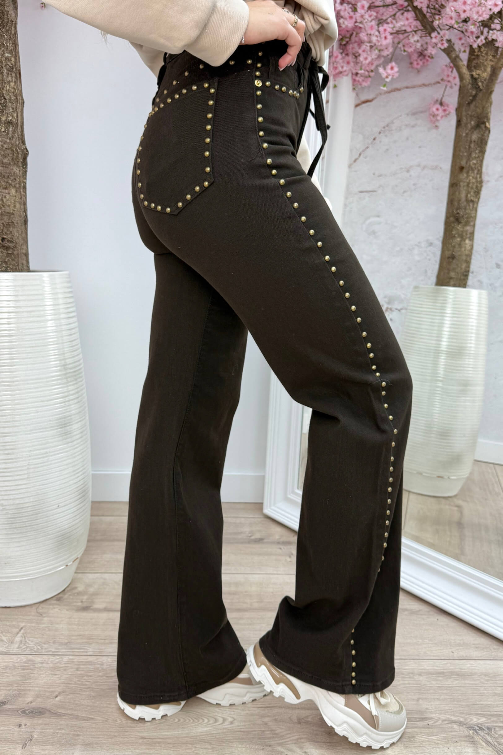 Studded trendy straight leg jeans - Bruin