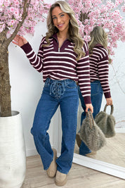 Striped zipper trui - Roze