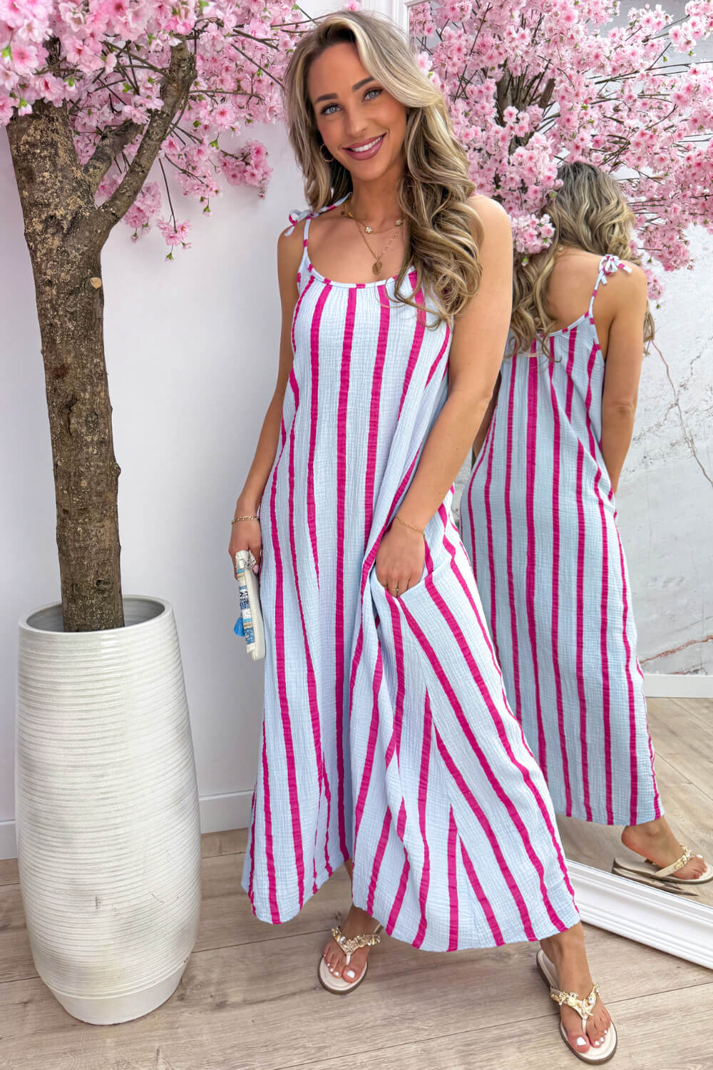 Sunshine stripes cotton maxi dress - Sky blue