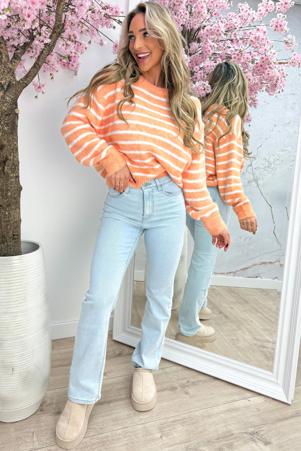 Happy stripes trui - Koraal