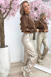 Glossy gold button topje - Cognac