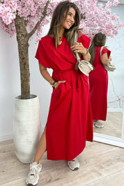 Braided belted split dress - Rood